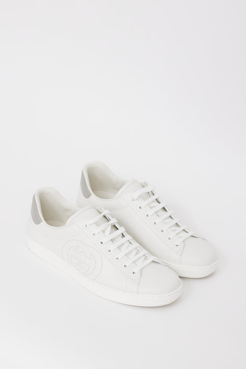 Gucci White & Grey Leather Ace Interlocking GG Sneaker