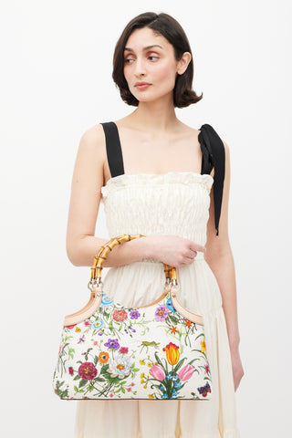 Gucci White & Multicolour Diana Floral Bamboo Handle Bag