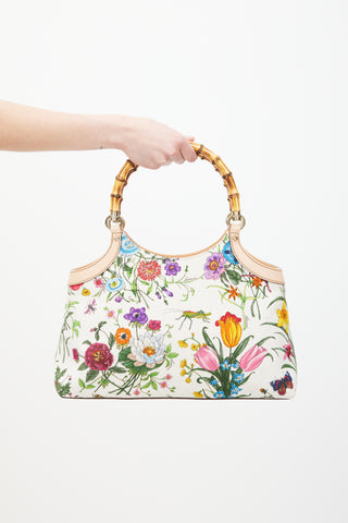 Gucci White & Multicolour Diana Floral Bamboo Handle Bag