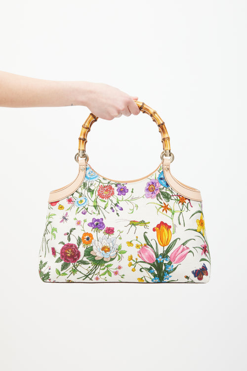 Gucci White & Multicolour Diana Floral Bamboo Handle Bag