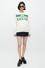 Gucci White & Multicolour Embroidered Logo Crewneck Sweater