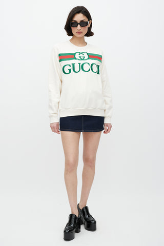 Gucci White & Multicolour Embroidered Logo Crewneck Sweater