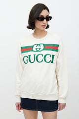 Gucci White & Multicolour Embroidered Logo Crewneck Sweater