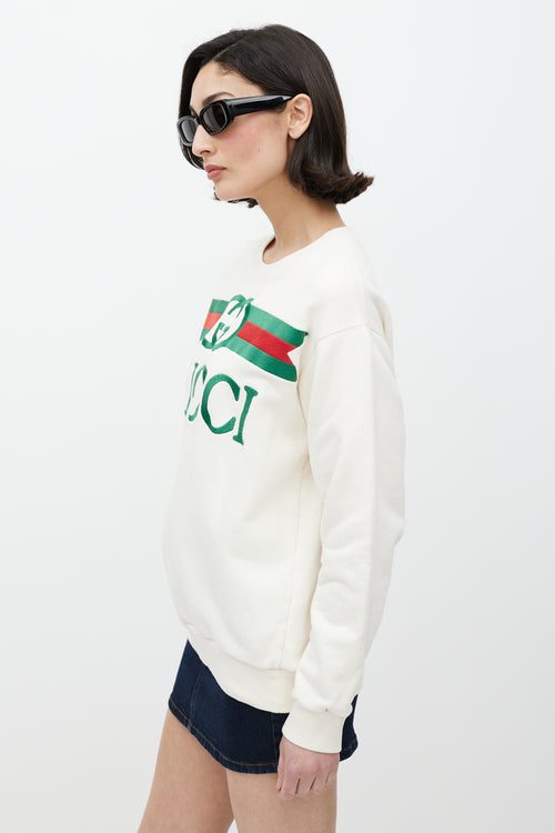 Gucci White & Multicolour Embroidered Logo Crewneck Sweater