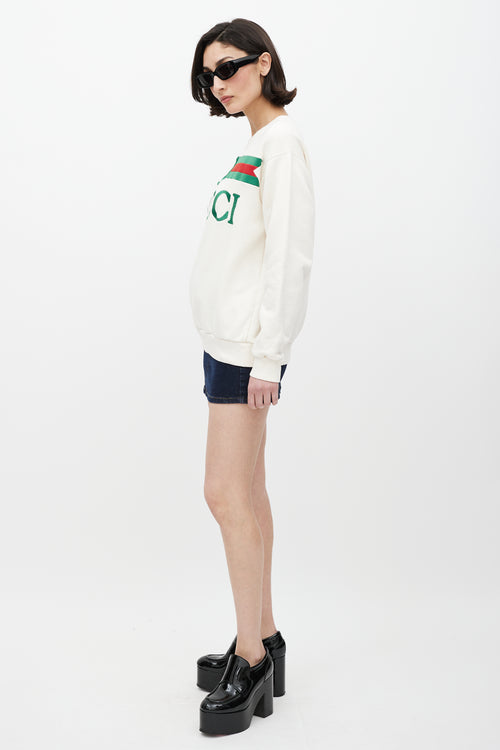 Gucci White & Multicolour Embroidered Logo Crewneck Sweater