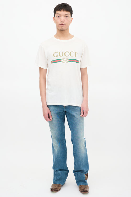 Gucci White & Multicolour Logo Embroidered Distressed T-Shirt