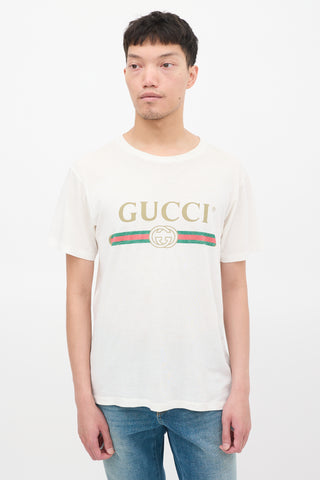 Gucci White & Multicolour Logo Embroidered Distressed T-Shirt