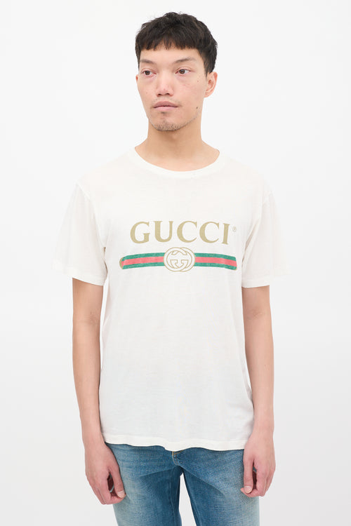 Gucci White & Multicolour Logo Embroidered Distressed T-Shirt