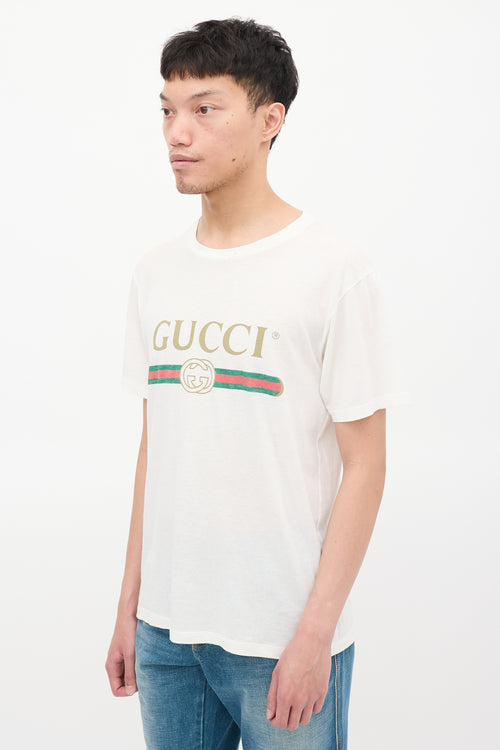 Gucci White & Multicolour Logo Embroidered Distressed T-Shirt