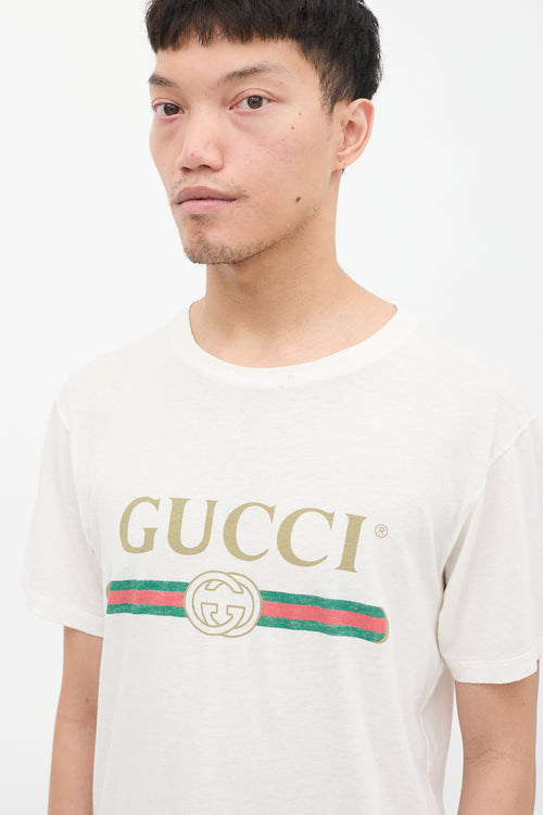 Gucci White & Multicolour Logo Embroidered Distressed T-Shirt