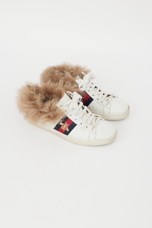 Gucci White Leather & Shearling Ace Bee Sneaker