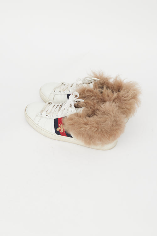 Gucci White Leather & Shearling Ace Bee Sneaker