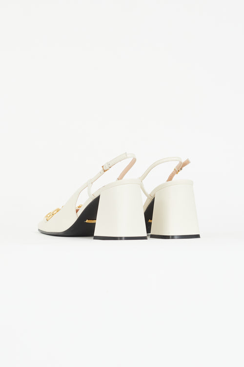 Gucci White & Gold Hardware Slingback Mid Heel