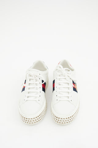 Gucci White Leather Embroidered Web Crystal Sneaker