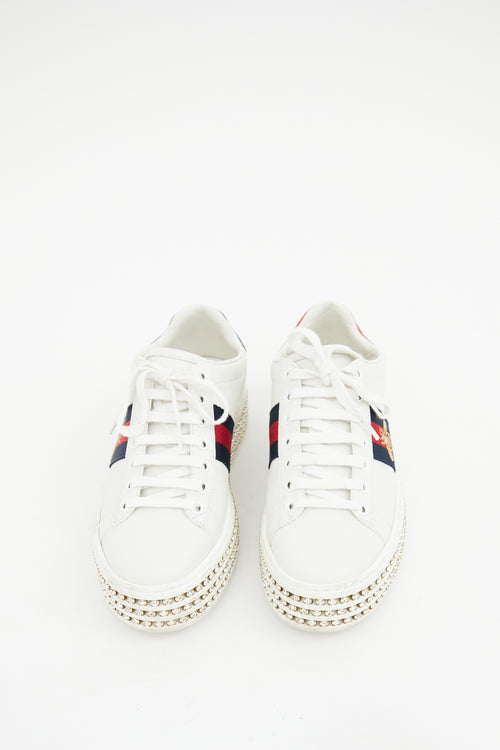 Gucci White Leather Embroidered Web Crystal Sneaker