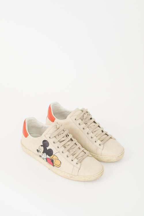 Gucci X Disney Beige Leather Ace Mickey Mouse Sneaker