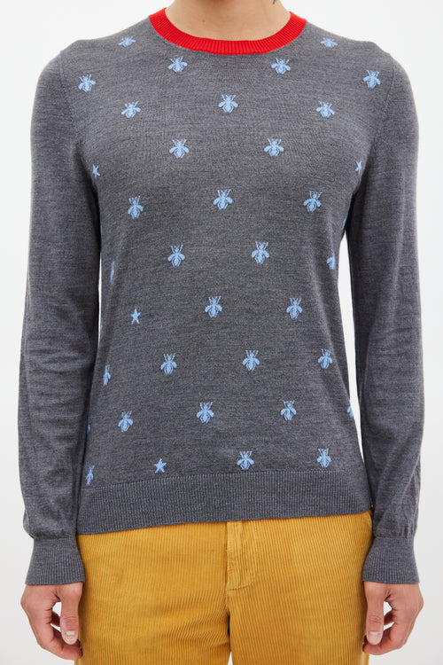 Gucci Grey & Blue Knit Patterned Sweater