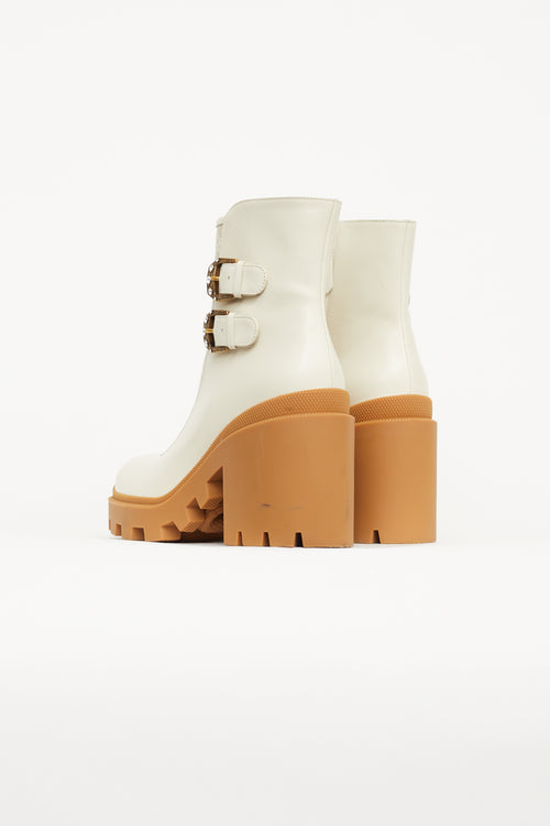 Gucci Cream Leather Monogram Lug Sole Boot