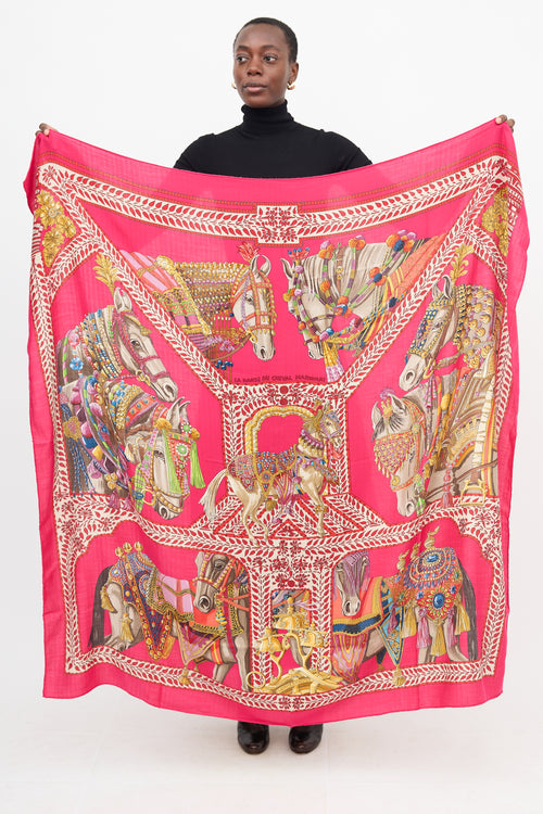 Hermès Pink Cashmere La Danse Du Cheval Marwari 140 Scarf