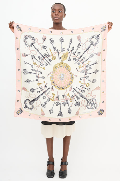 Hermès Pink & Multi Silk Les Cles 90 Scarf