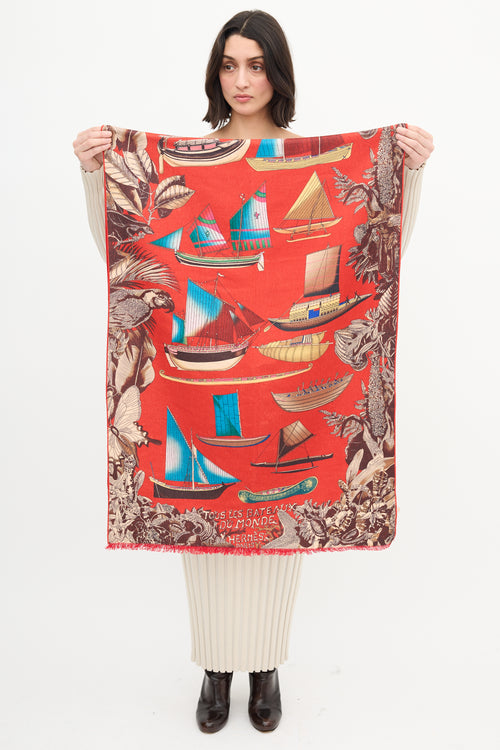 Hermès Red & Multi Tous Les Bateaux Du Monde Scarf