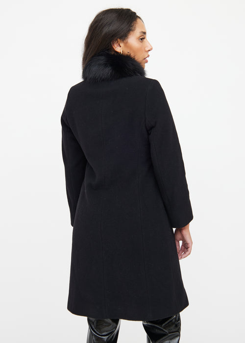 Hiso Black Wool Fur Trim Collar Button Coat
