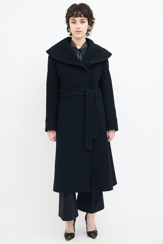 Holt Renfrew Black Wool Wide Collar Belted Coat