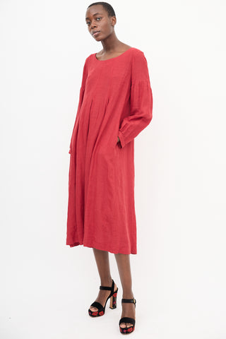 Horses Atelier Red Linen Pleated Shift Dress