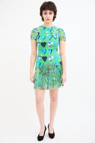 Versace X H&M Green & Blue Silk Fringe Heart Dress