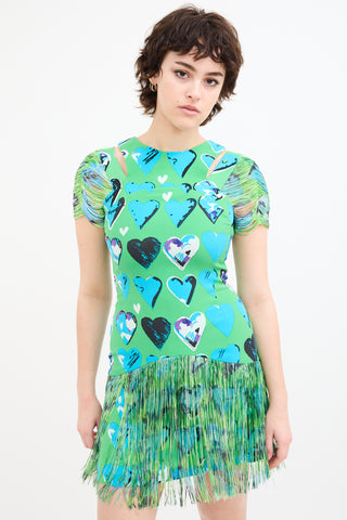 Versace X H&M Green & Blue Silk Fringe Heart Dress