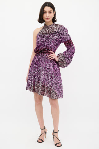 Halpern Purple & Pink Sequin One Sleeve Mini Dress