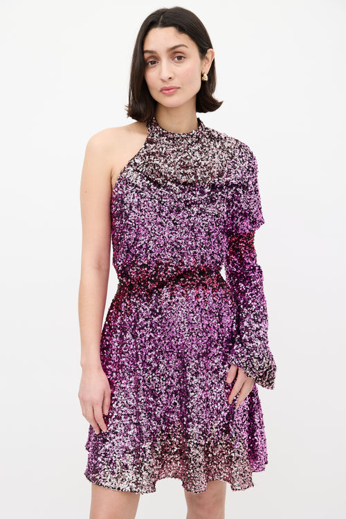 Halpern Purple & Pink Sequin One Sleeve Mini Dress