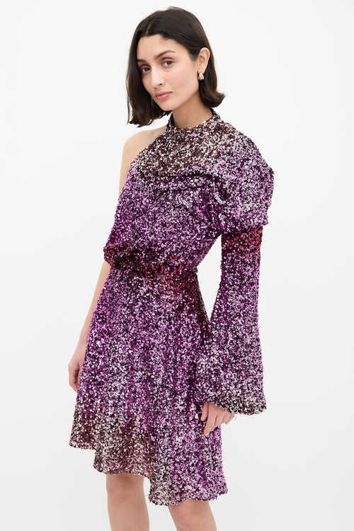 Halpern Purple & Pink Sequin One Sleeve Mini Dress