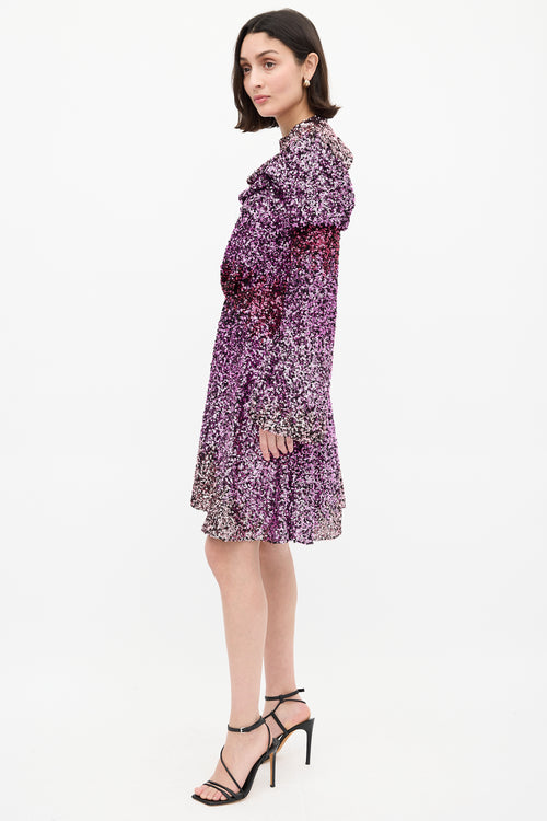 Halpern Purple & Pink Sequin One Sleeve Mini Dress