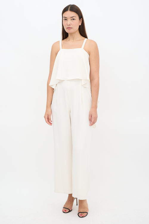 Halston Heritage Cream Flounce Wide Leg Jumpsuit