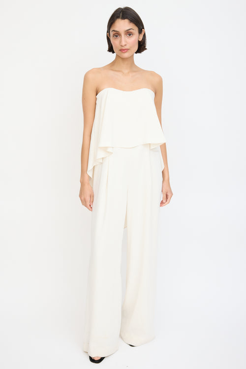 Halston Heritage Cream Strapless Flounce Jumpsuit