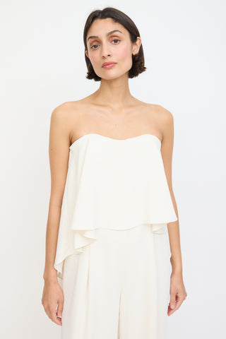 Halston Heritage Cream Strapless Flounce Jumpsuit