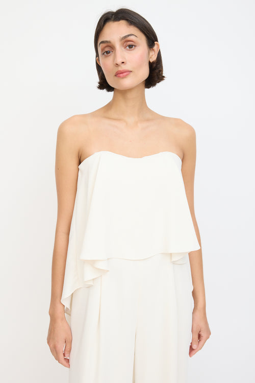 Halston Heritage Cream Strapless Flounce Jumpsuit