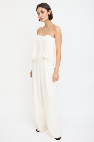 Halston Heritage Cream Strapless Flounce Jumpsuit