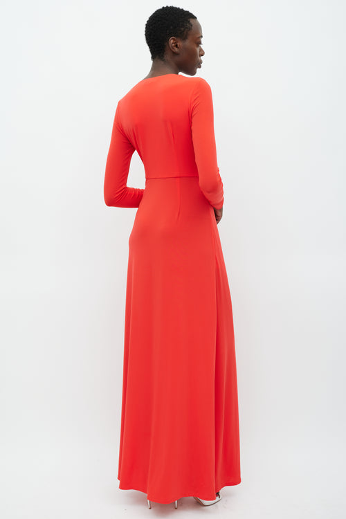 Halston Red V-Neck Gathered Dress