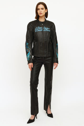 Harley Davidson Black & Blue Embroidered Leather Jacket