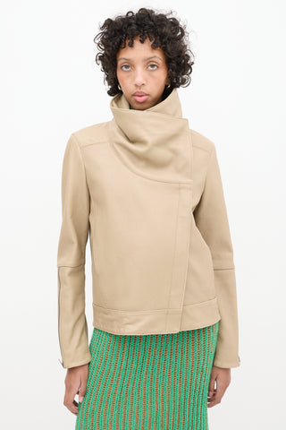 Helmut Lang Beige Leather Asymmetrical High Collar Jacket