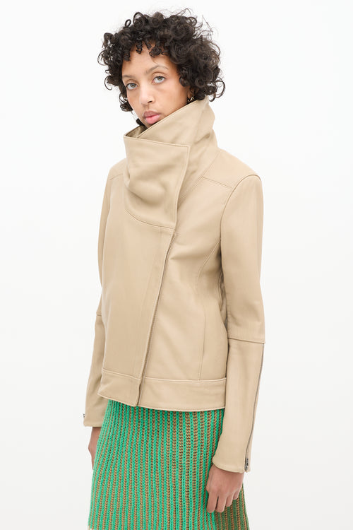 Helmut Lang Beige Leather Asymmetrical High Collar Jacket