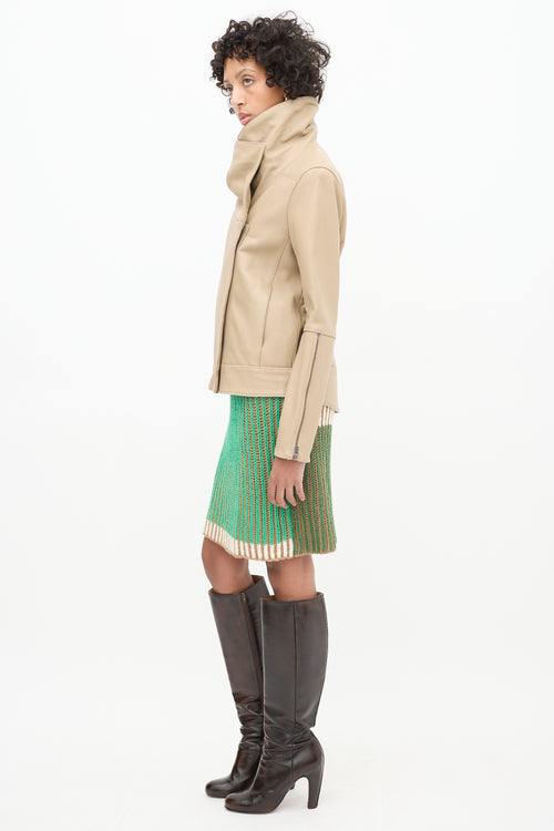 Helmut Lang Beige Leather Asymmetrical High Collar Jacket