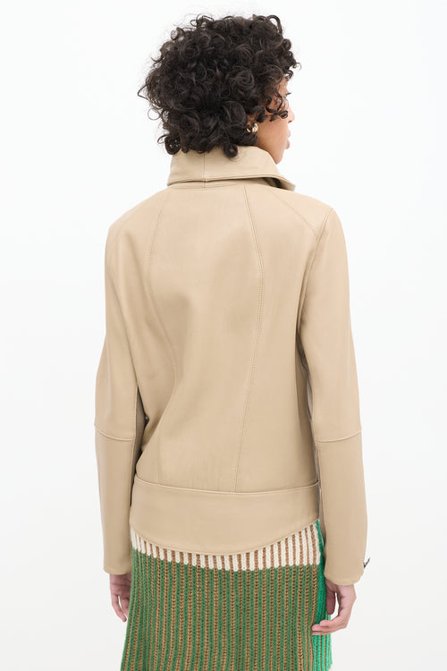 Helmut Lang Beige Leather Asymmetrical High Collar Jacket