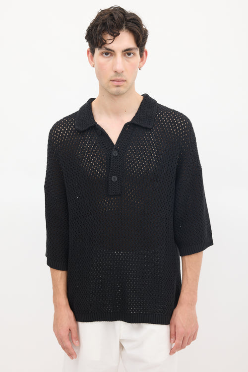 Helmut Lang Black Cotton Crochet  Polo