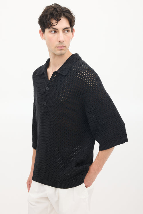 Helmut Lang Black Cotton Crochet  Polo