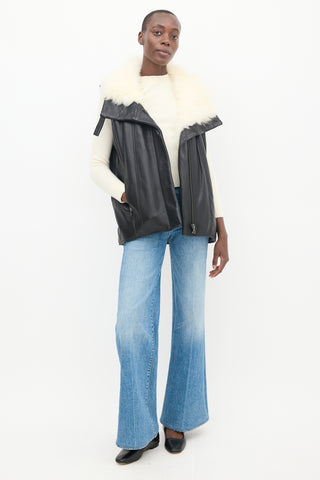 Helmut Lang Black & Cream Leather Shearling Vest