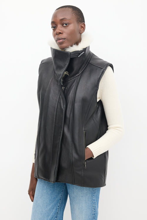 Helmut Lang Black & Cream Leather Shearling Vest