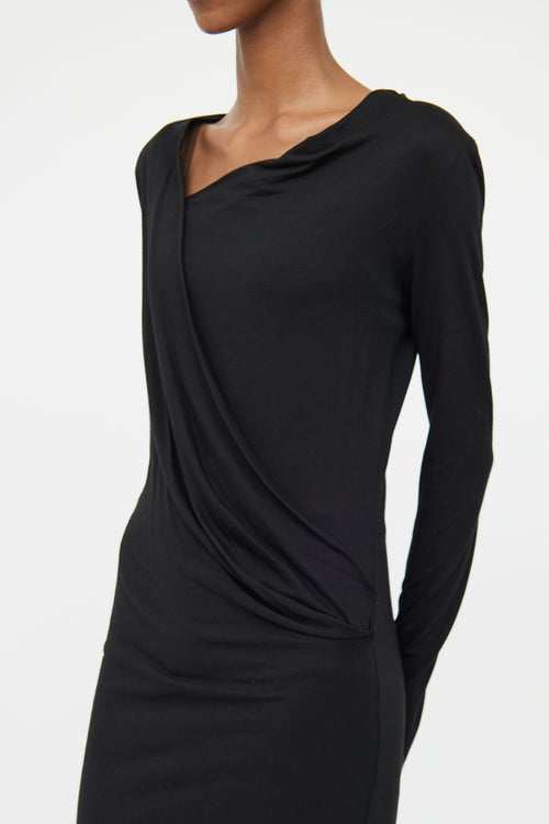 Helmut Lang Black Fitted Draped Panel Dress